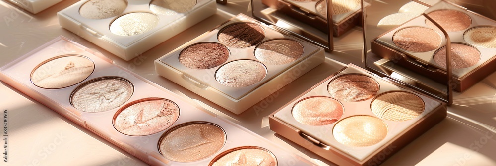 Aufkleber various contouring palettes and highlighters displayed on a light background, showcasing rich colors