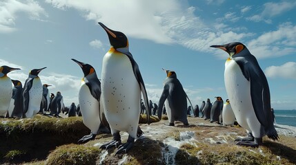 Fototapeta premium Attractive King & Gentoo penguin colony at Volunteer Point, Falkland Islands