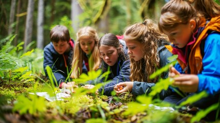Fototapeta premium Group of children exploring nature in a forest, closely examining plants and taking notes, engaging in outdoor learning activities.