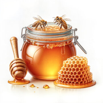 Fresh honey jar with a dipper and a piece of honeycomb, a couple of bees standing on the lid, isolated on a white background