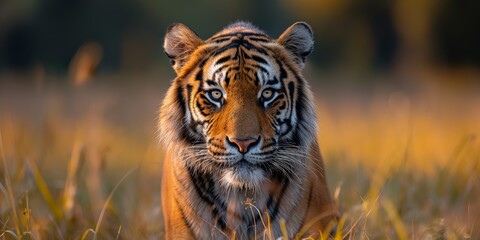 Bengal tiger in grass field stare to camera, hunting distinct animal in nature, 