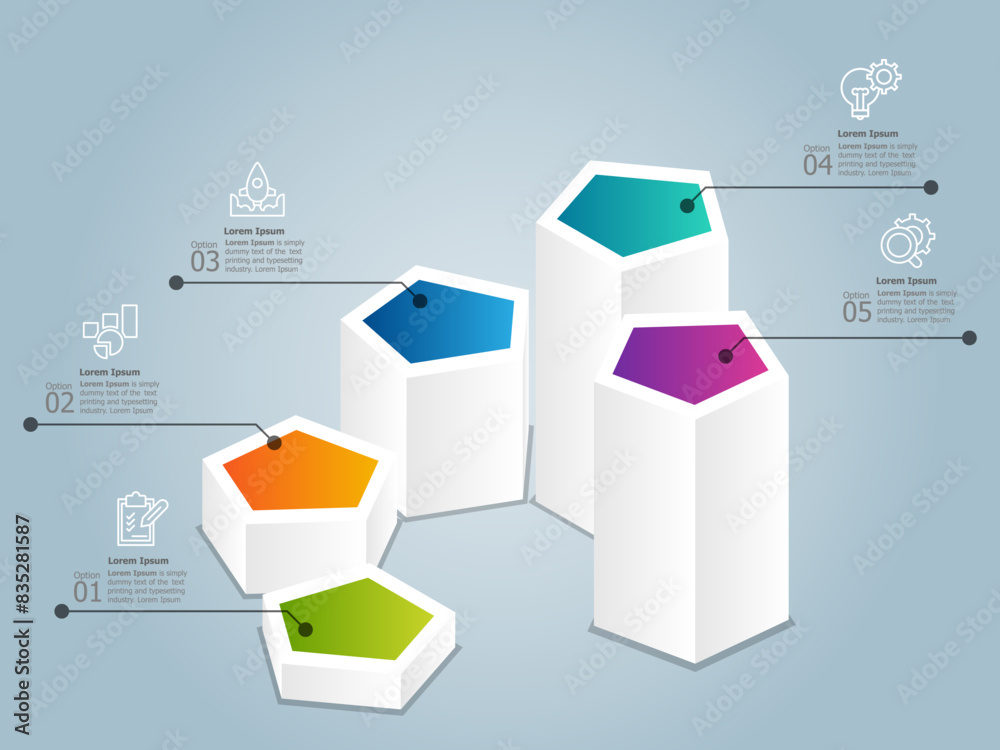 Wall mural horizontal infographics hexagon isometric 5 steps for report presentation template background