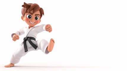 Stylized 3D cartoon boy performing a karate kick, wearing a martial arts uniform and a black belt 