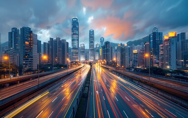 Fototapeta premium A vibrant city skyline at dusk with light trails and skyscrapers