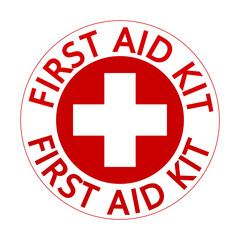 First aid kit, red and white information sign with symbol and curved text. Circle shape, sticker.