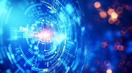Futuristic blue digital interface with glowing tech elements and abstract circular graphics, highlighting technology and innovation concepts.