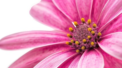 Obraz premium Close-up of a bright pink daisy with intricate petal details, set against a pristine white background