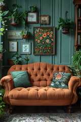 Obraz premium An orange sofa on a green background . Vertical photo