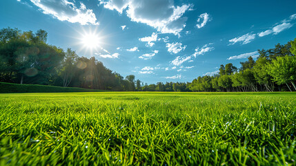 Lush Green Field Under a Bright Blue Sky - Generative AI