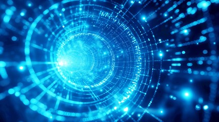 A digital abstract representation of a blue data tunnel, with glowing particles and lines converging towards the center.