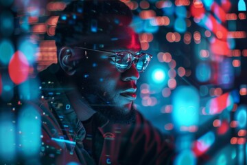 Dynamic image of an individual surrounded by a shimmering bokeh effect in multicolored lighting