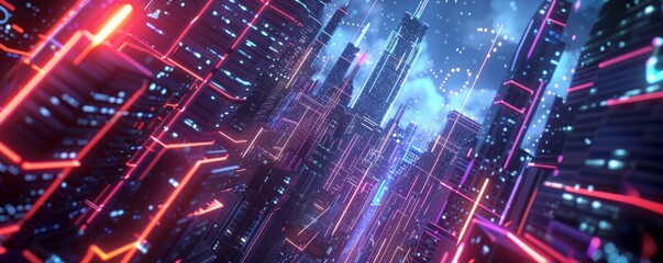 Fototapeta premium A digital illustration of glowing fiber optic lines on a starry background, suggesting a futuristic data network