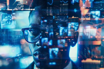 A person is shown with digital graphs and data overlaid, creating a futuristic and technological feel