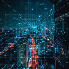 Modern Technology Concept : Network and Connection technology night city background at business center