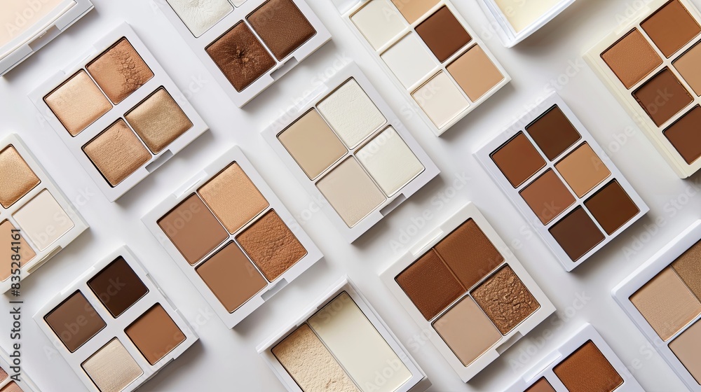 Poster a flatlay of various contouring and highlighting makeup palettes arranged neatly on a white backgrou