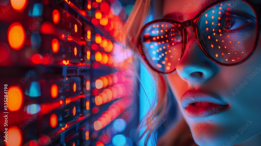 Poster Rack servers in a data center illuminated with red lights creating a tech ambiance