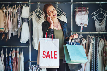 Phone call, shopping and woman on social media in boutique searching for fashion deals, sales...