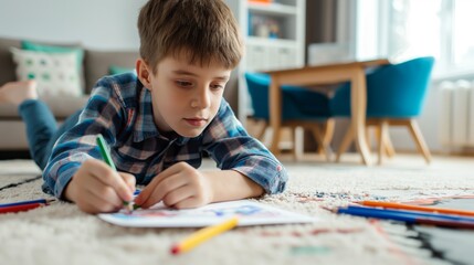 top view of boy drawing with crayons color stick