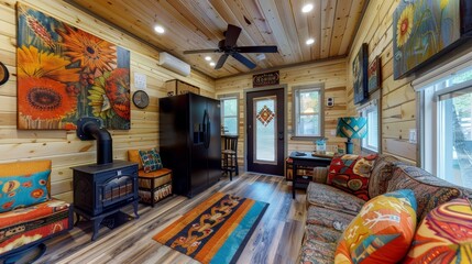 Photo of a rustic cabin living room with vibrant orange walls, wooden beams, cozy furniture, and colorful decor.