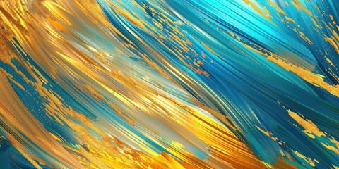 Vivid strokes of golden gradients blending seamlessly with vibrant blues, forming a dynamic and energetic abstract celebration texture background.