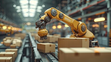 Robotic Arm for Packing in Modern Logistics System. Ultra HD 8K Resolution Image Showcasing Detailed, Elegant, and Accurate Design Elements for Efficient Production and Maintenance in Logistics.