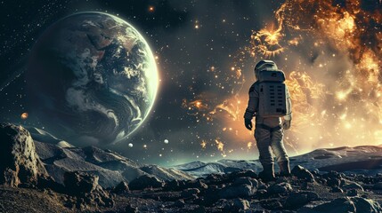 Obraz premium Space Exploration: Depict an exciting space exploration scene with astronauts, spacecraft, and distant planets,