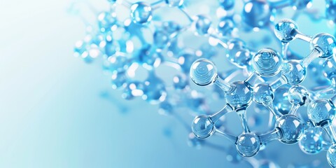 Abstract representation of molecular structures with blue shiny spheres on a light blue background. Ideal for science, chemistry, and technology concepts.