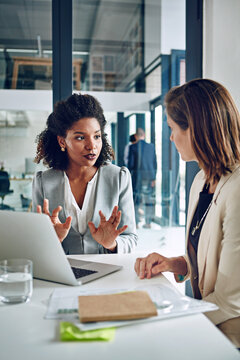 Laptop, meeting and business women in office for consulting, talking and discussion for online proposal. Corporate team, financial advisor and people on computer for planning, website and feedback