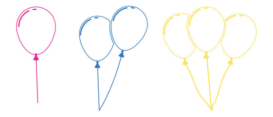 Balloon outline icons. Balloon with string in line cartoon style. Different shapes of ballons for birthday, party and wedding. Black contour of baloon color in doodle minimal style. © Quirk Craft Studio