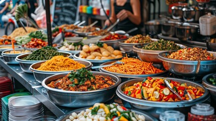 Fototapeta premium Street Food Market: Capture the vibrant energy of a bustling street food market with diverse food stalls