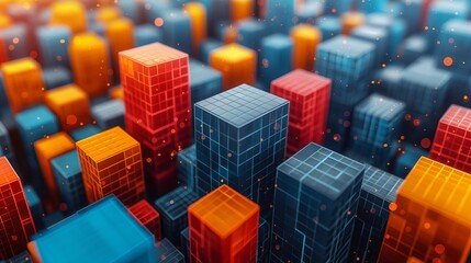 Colorful 3D pixel art cityscape with grid patterns and neon lighting effects in a digital world