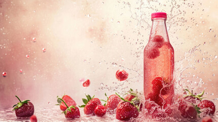Cold juice bottle. Strawberries in juice splash in swirl shape isolated on soft red background