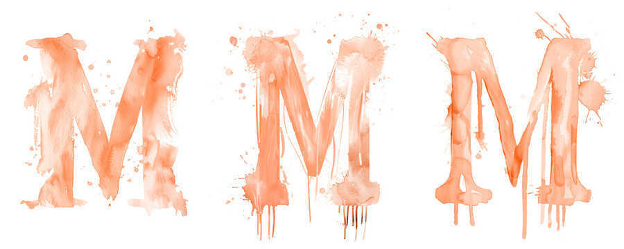 Ai Generated Art Watercolor Set of Multiple Different Pastel Capital M Letters In Peach Orange Colors On a White Background