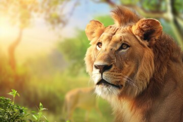 Fototapeta premium A lion staring into the distance with a green bush in the foreground and a blue sky with clouds in the background.