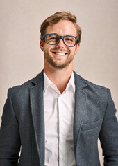 Happy, glasses and portrait of businessman in studio for professional, legal career and confidence....