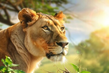 Obraz premium The lioness looks into the distance against the backdrop of the green savannah.