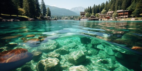 Obraz premium A serene mountain lake with crystal clear water and a view of buildings in the distance