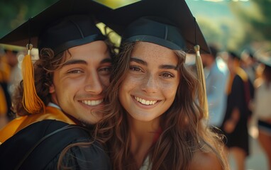 Fototapeta premium Joyful graduates in cap and gown embracing