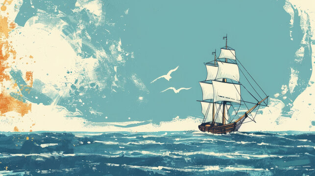 watercolor illustration, vintage postcard, Day of the Seafarer, a ship with white sails on the sea surface against a blue sky, flying seagulls, copy space, free space for text - Powered by Adobe