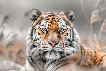 Obraz premium The tiger looks intently at the camera. It is surrounded by tall dry grass.