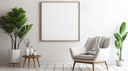 Fototapeta premium Modern minimalist light design with empty frame on the wall