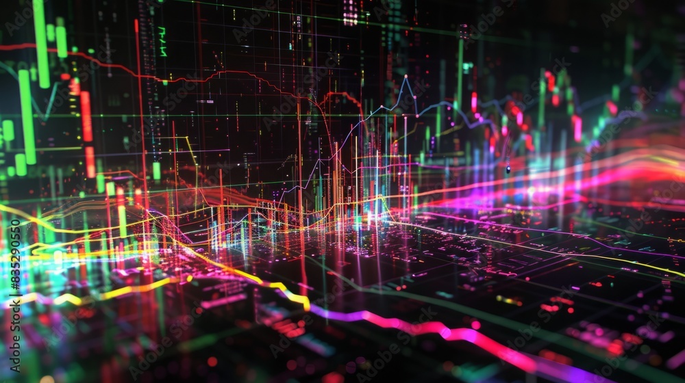 Poster a computer screen displaying a dynamic array of colorful lines, creating a visually stimulating patt