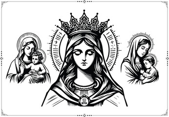 Set of illustrations of the Virgin Mary - Engraving Style - Vector