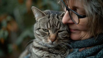 an old woman hugs a cat