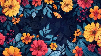 Colorful floral frame with bright yellow, blue, and pink flowers and leaves on a deep blue background, creating a vibrant and dynamic design.