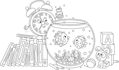 Funny alarm clock cartoon character and its friend merry little puppy feeding tropical fishes in a round aquarium with a shell and seaweeds, black and white vector illustration for a coloring book