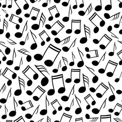 Monochrome vector seamless pattern with differently sized music notes floating over a white backdrop. Surface art design in black and white for use in fabric or graphic design. 