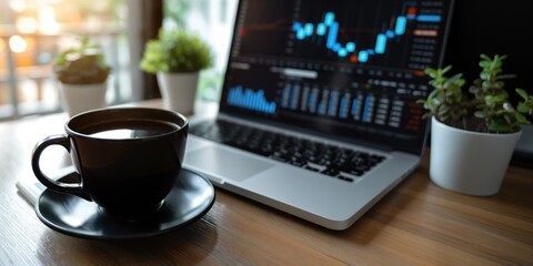 Cup of coffee on digital stock market graph background