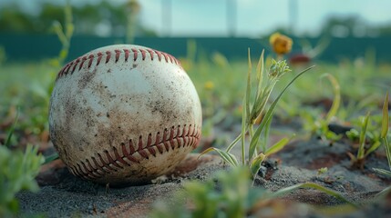 close up of baseball on baseball field wet and muddy, sport with copy space background