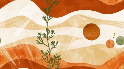 Abstract desert landscape with wavy orange and beige lines and green plant, creating a warm and organic design.